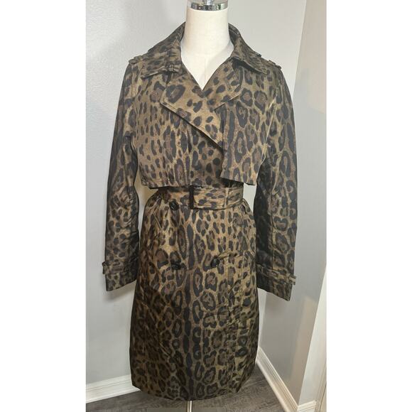 Jane Post Womens Long Leopard Print Belted Trench Coat Jacket Brown Size Small - Picture 13 of 16